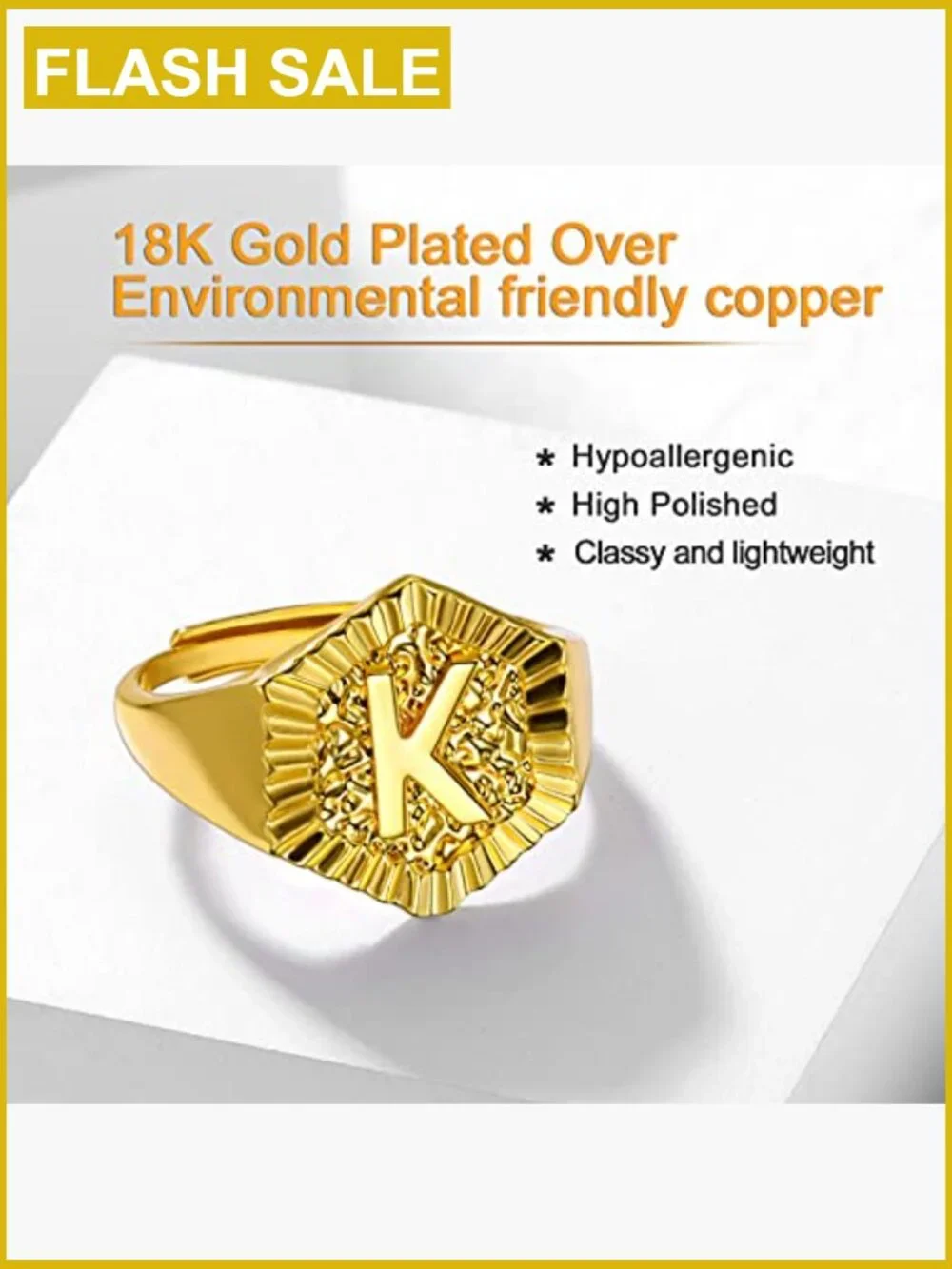18K Gold Plated Hexagon Initial Signet Ring Adjustable Unisex